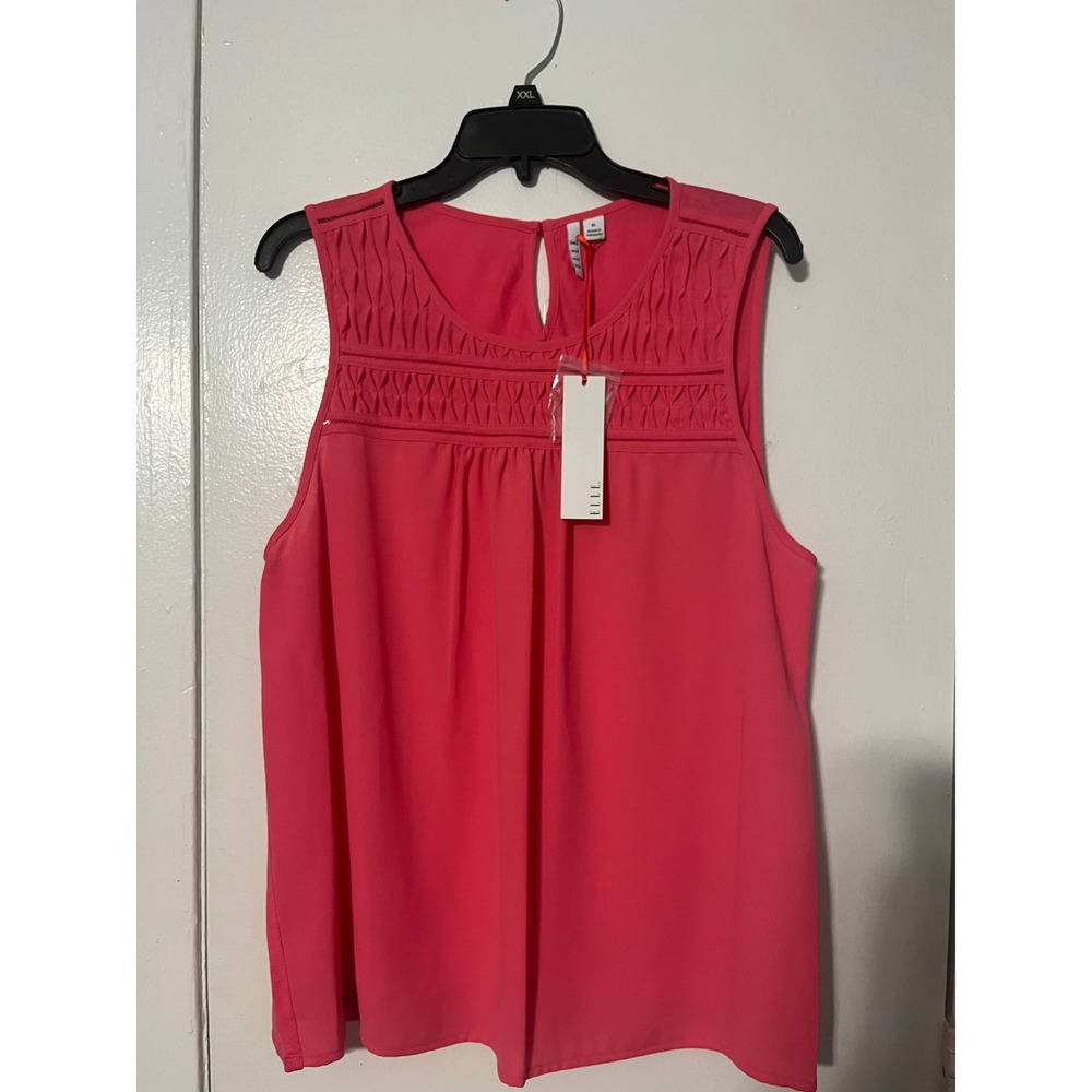 Elle Criss‎ Cross Tank Fandango Pink Smocked Pintuck Blouse XL NEW